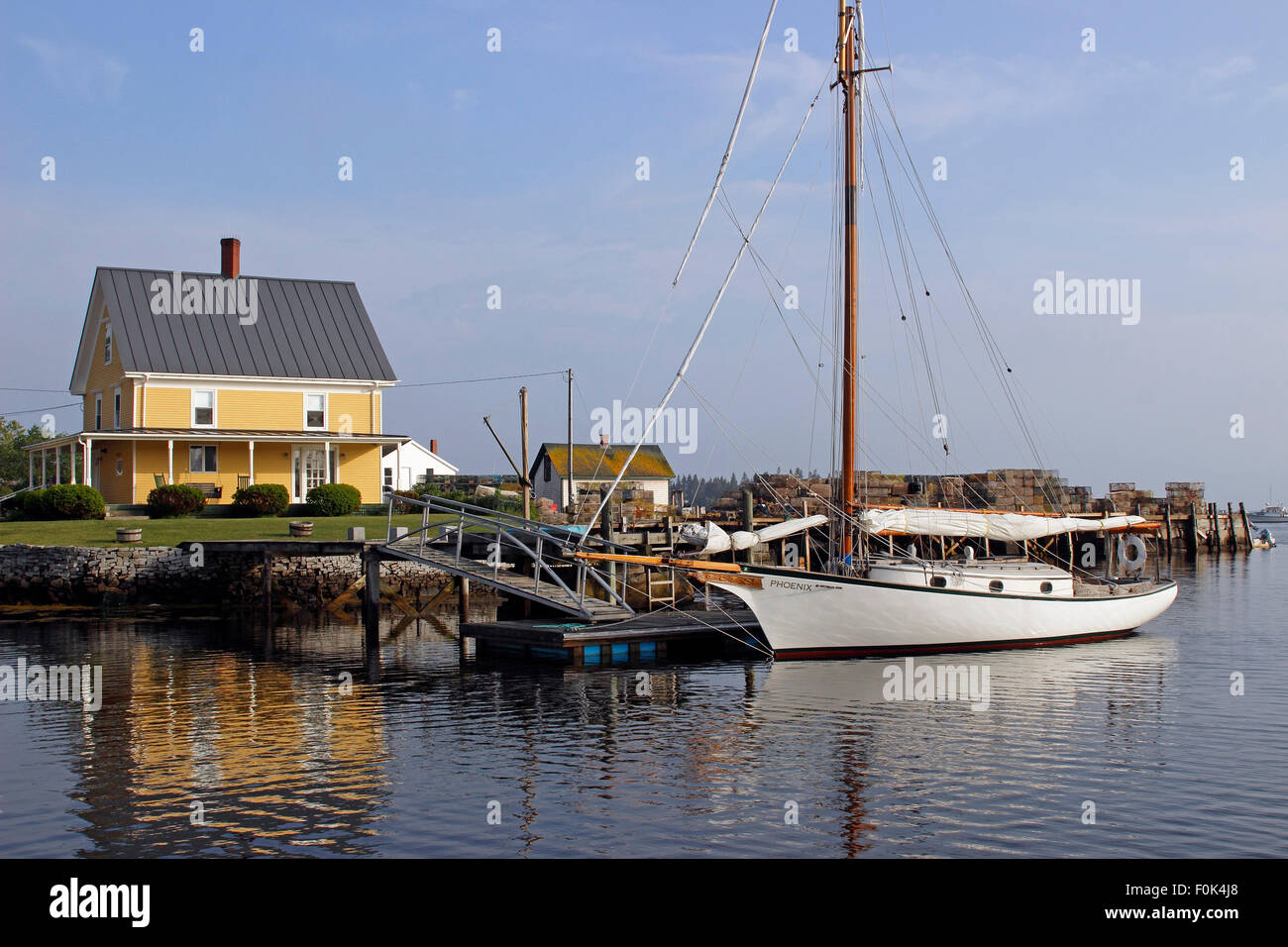 Lobster docks with sheds Vinalhaven Island Maine New England USA Stock