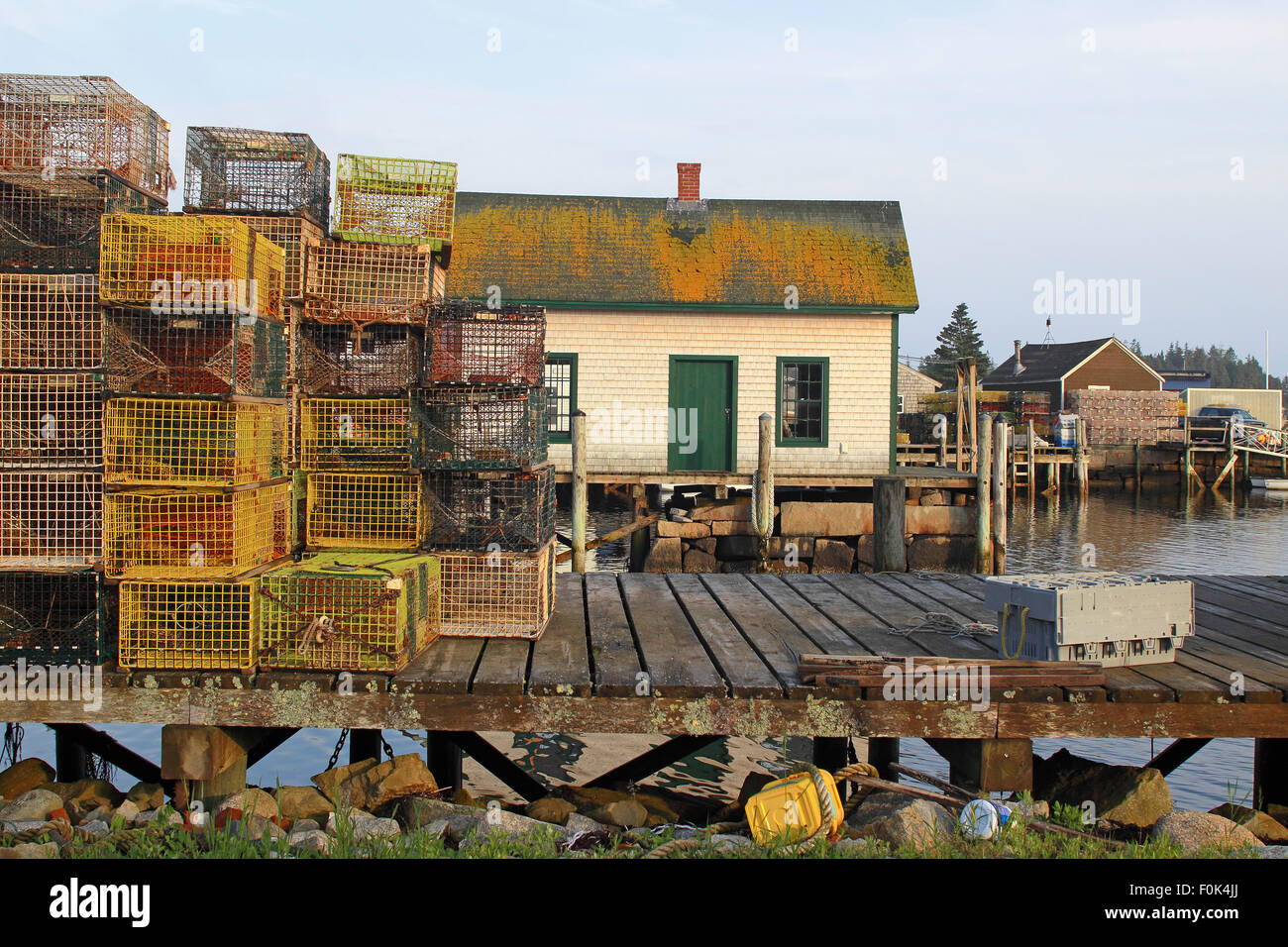 Lobster docks with sheds Vinalhaven Island Maine New England USA Stock