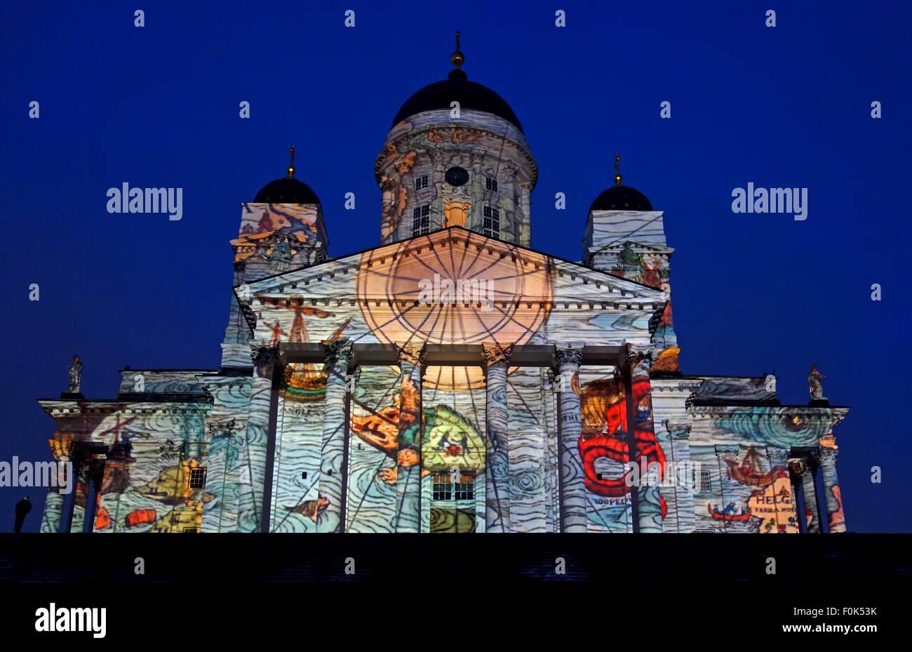 Video projection Emergence on the exterior of Helsinki Cathedral at the Lux Helsinki 2013 festival Stock Photo