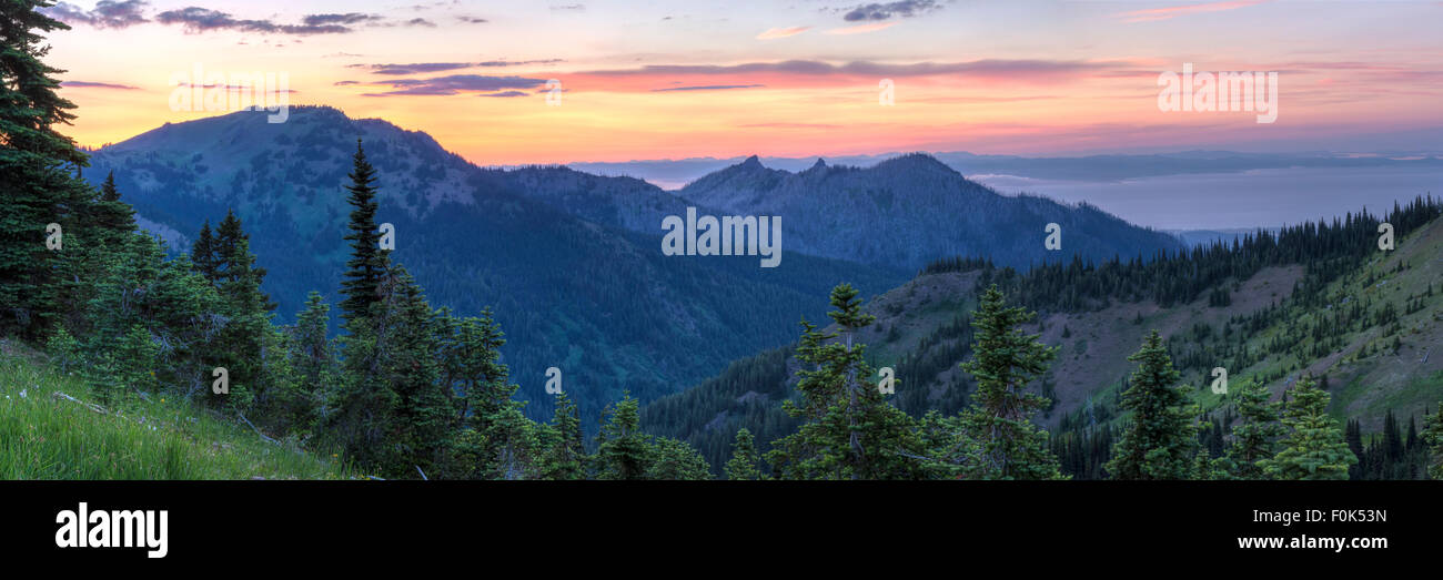 A sunset panorama looking North From Hurricane Ridge over Hurricane