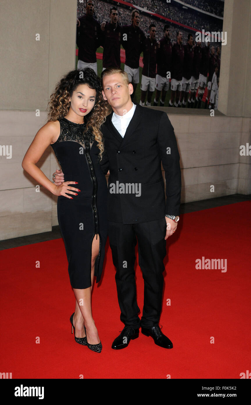 London,UK,5 August 2015,Ella Eyre & boyfriend Rixton’s Lewi Morgan attends 'Carry Them Home' England Rugby Team dinner at Grosvenor Hotel before competing Webb Ellis cup on home turf. Stock Photo