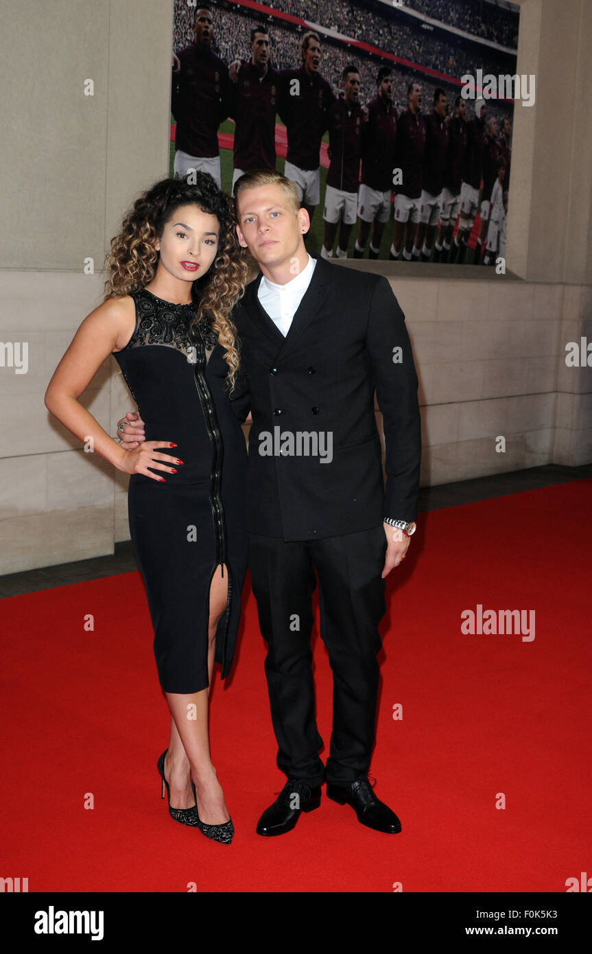 London,UK,5 August 2015,Ella Eyre & boyfriend Rixton’s Lewi Morgan attends 'Carry Them Home' England Rugby Team dinner at Grosvenor Hotel before competing Webb Ellis cup on home turf. Stock Photo
