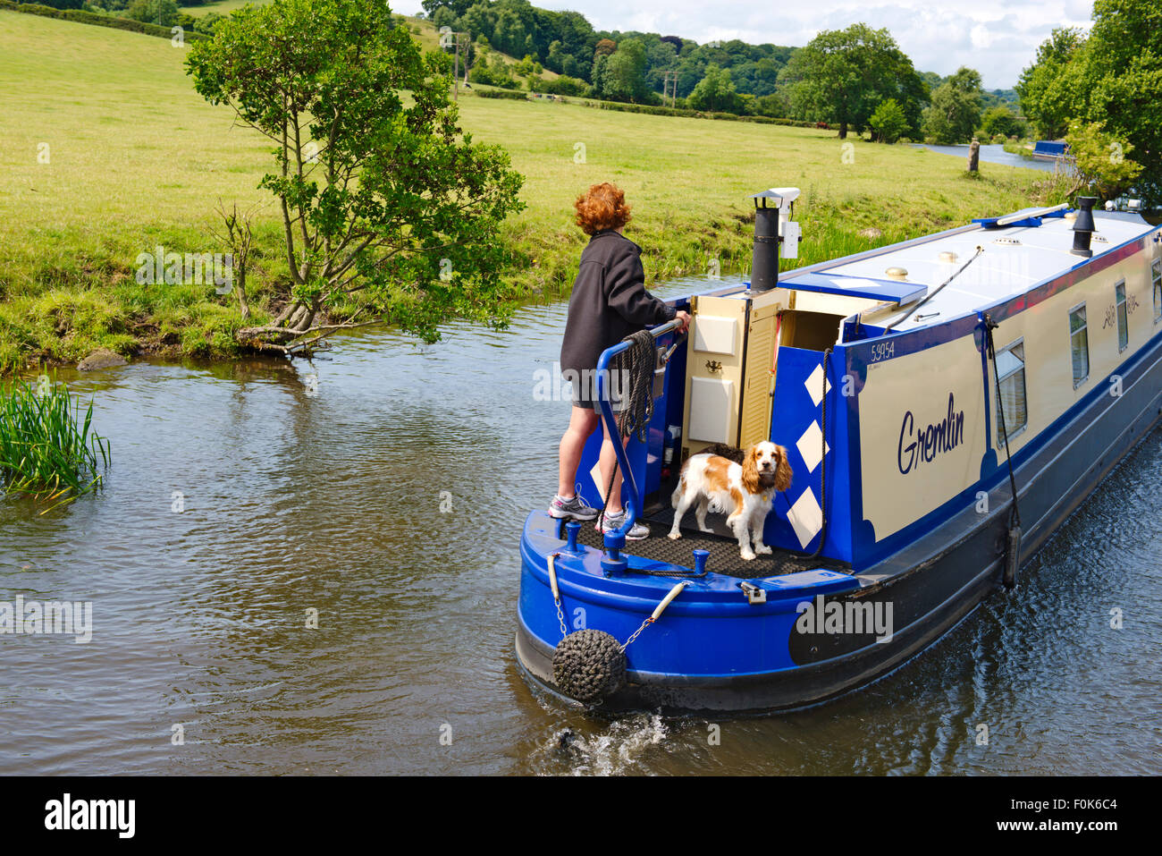 Woman with dog piloting narrow boat along Leeds and Liverpool canal, West Yorkshire, UK Stock Photo