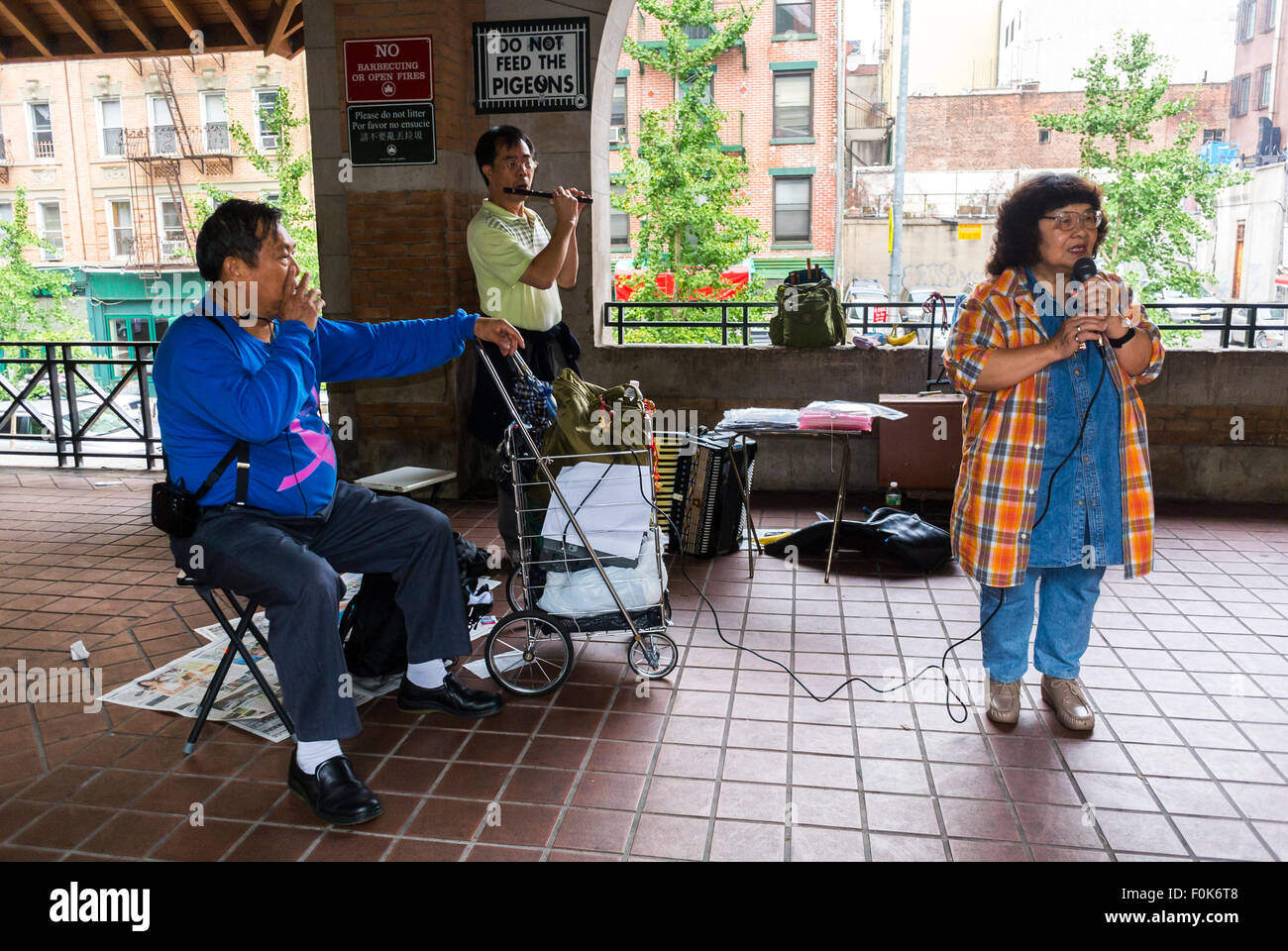 New York City, USA, Group Street Musicians, Playing Traditional Chinese Music in Chinatown District, in Public Park senior people activities, city street, migrants in USA Stock Photo