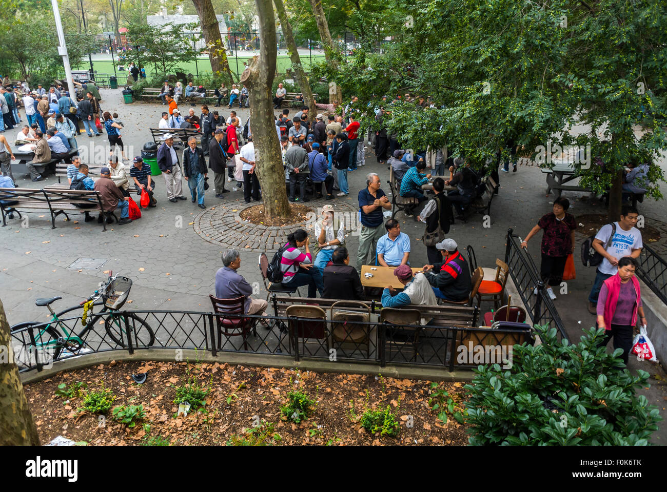 New York City, USA, Urban Playground Scenes, Chinatown District, Crowds of Chinese Seniors Hanging Out in Public Park Stock Photo