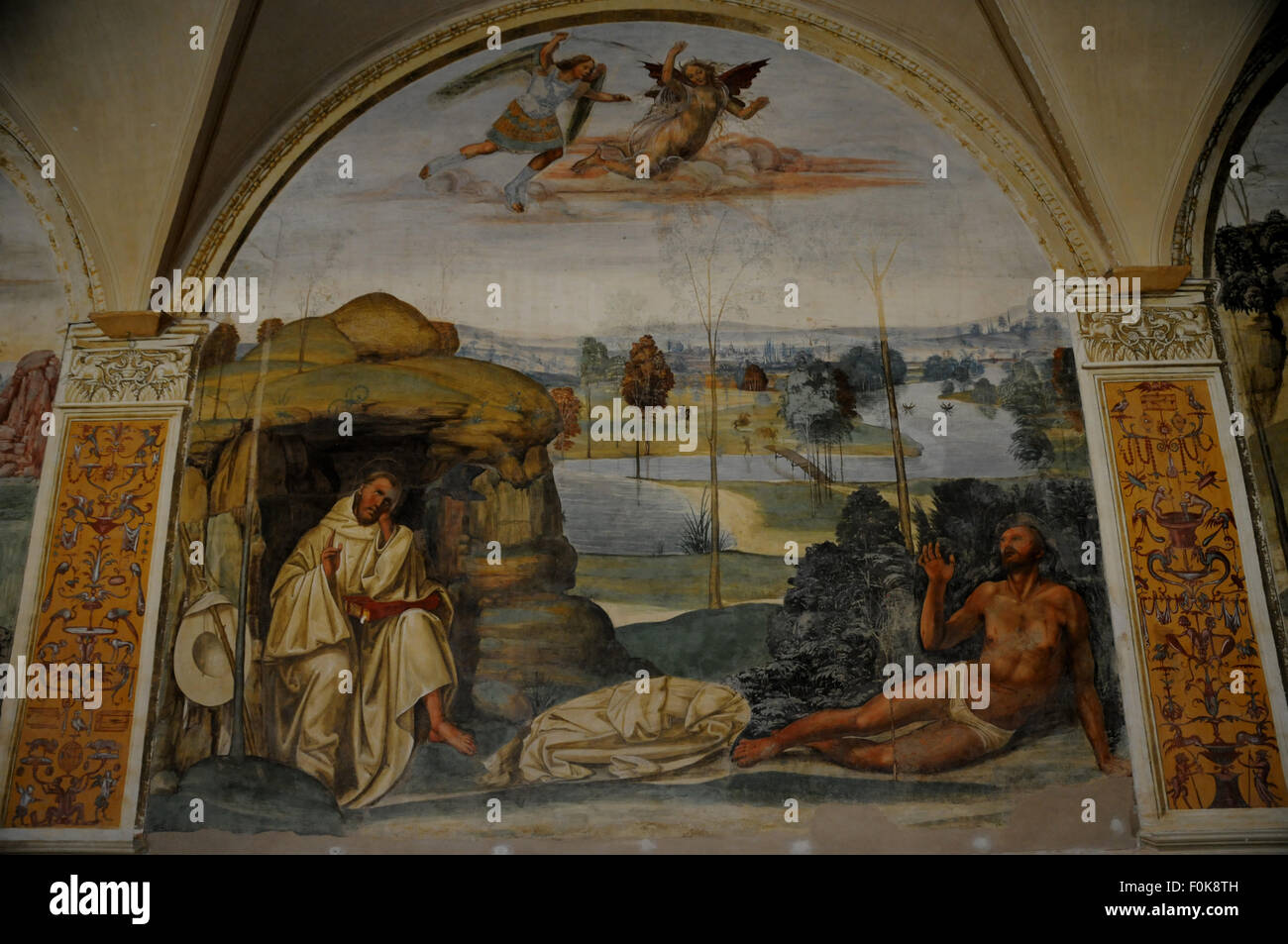 One of the Sodoma frescoes at he Abbazia di Monte Oliveto Magiorre near Siena in Tuscany. Stock Photo