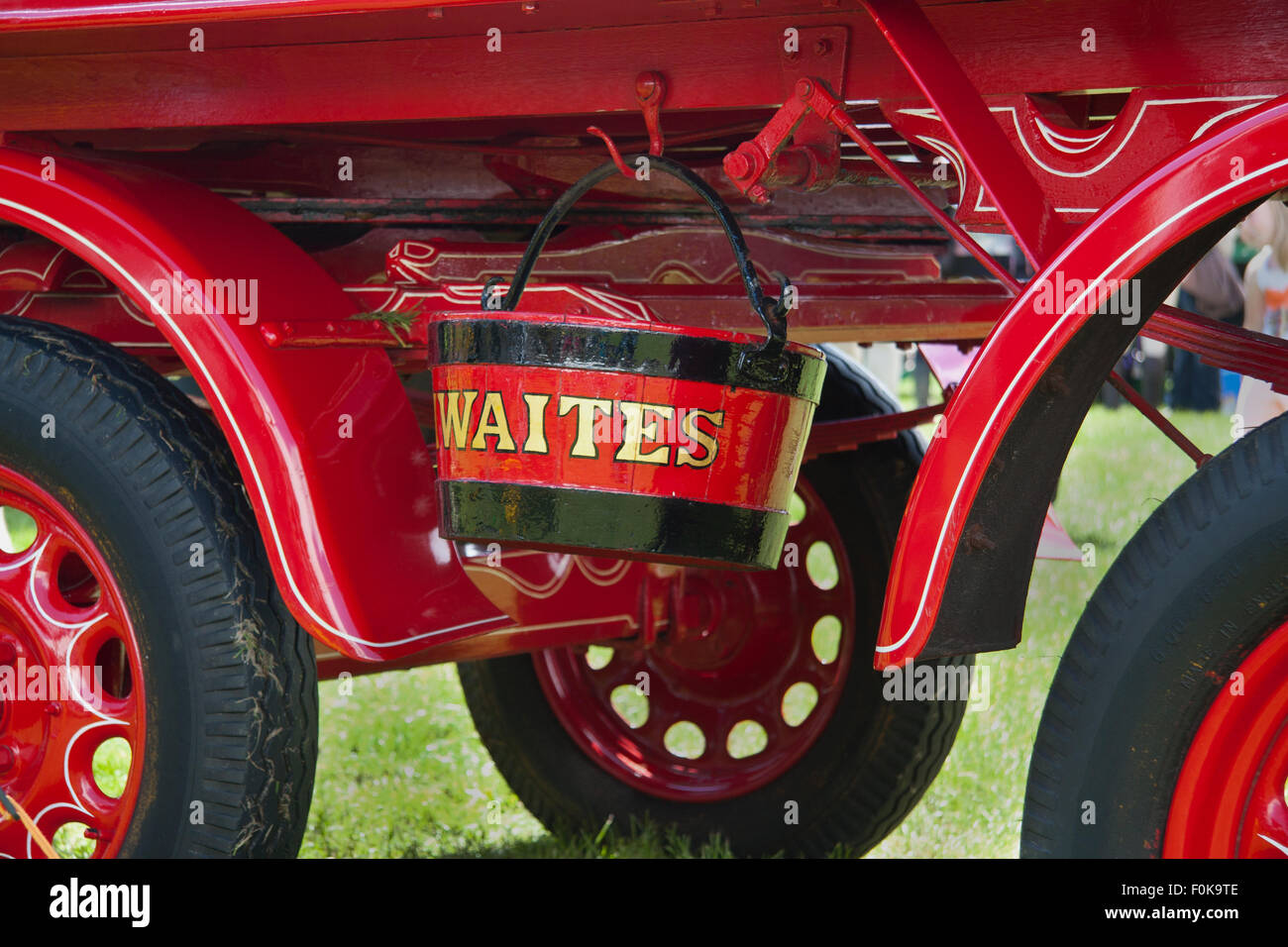 Detail of Thwaites horse-drawn beer dray on show at the Bury Agricultural Show in Lancashire, England, UK. Stock Photo