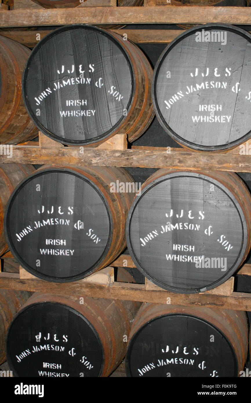 Barrels of irish whiskey maturing at the Jamesons Distillery in