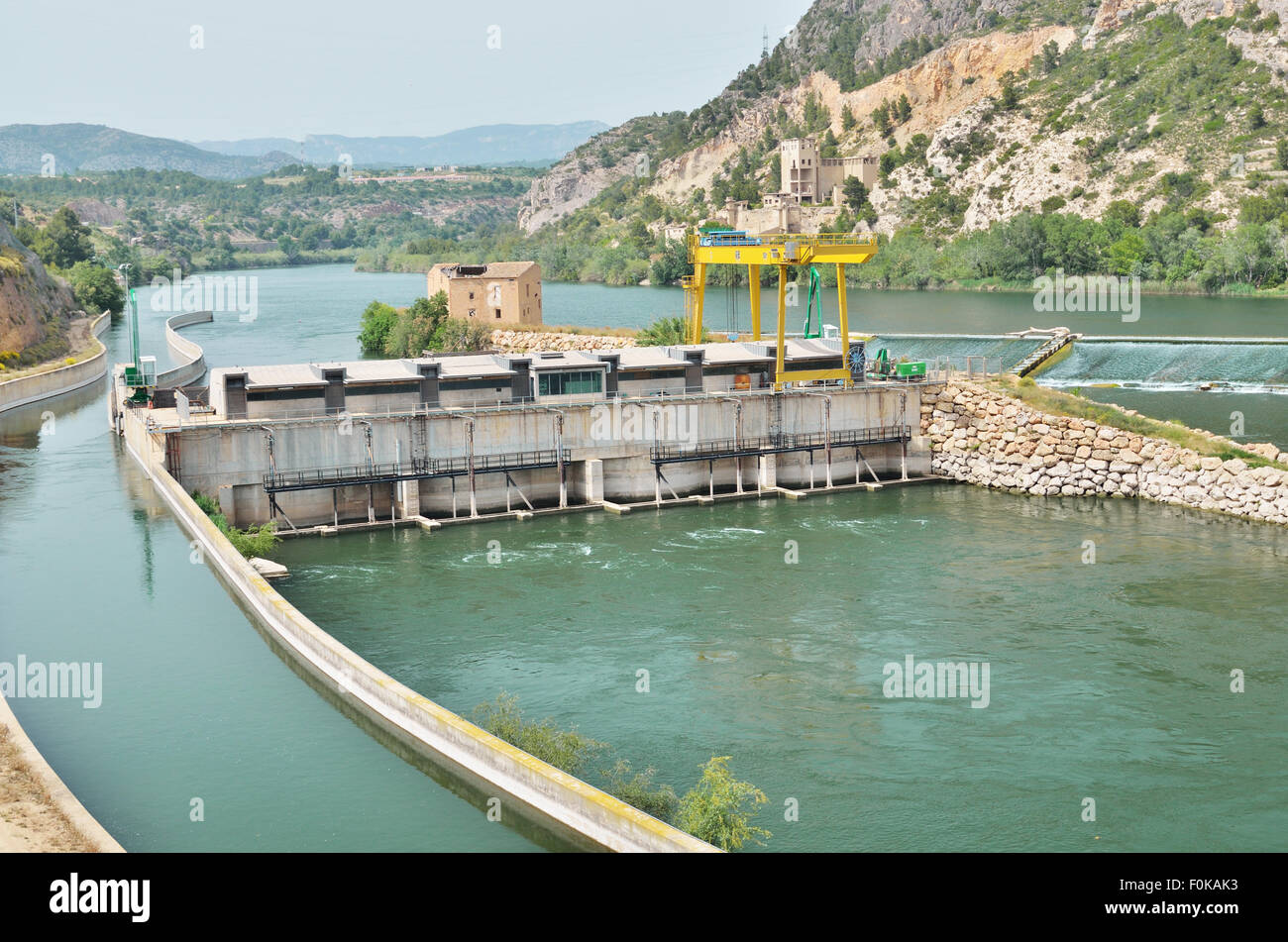 Spanish river Ebro with hydrological constructions Stock Photo