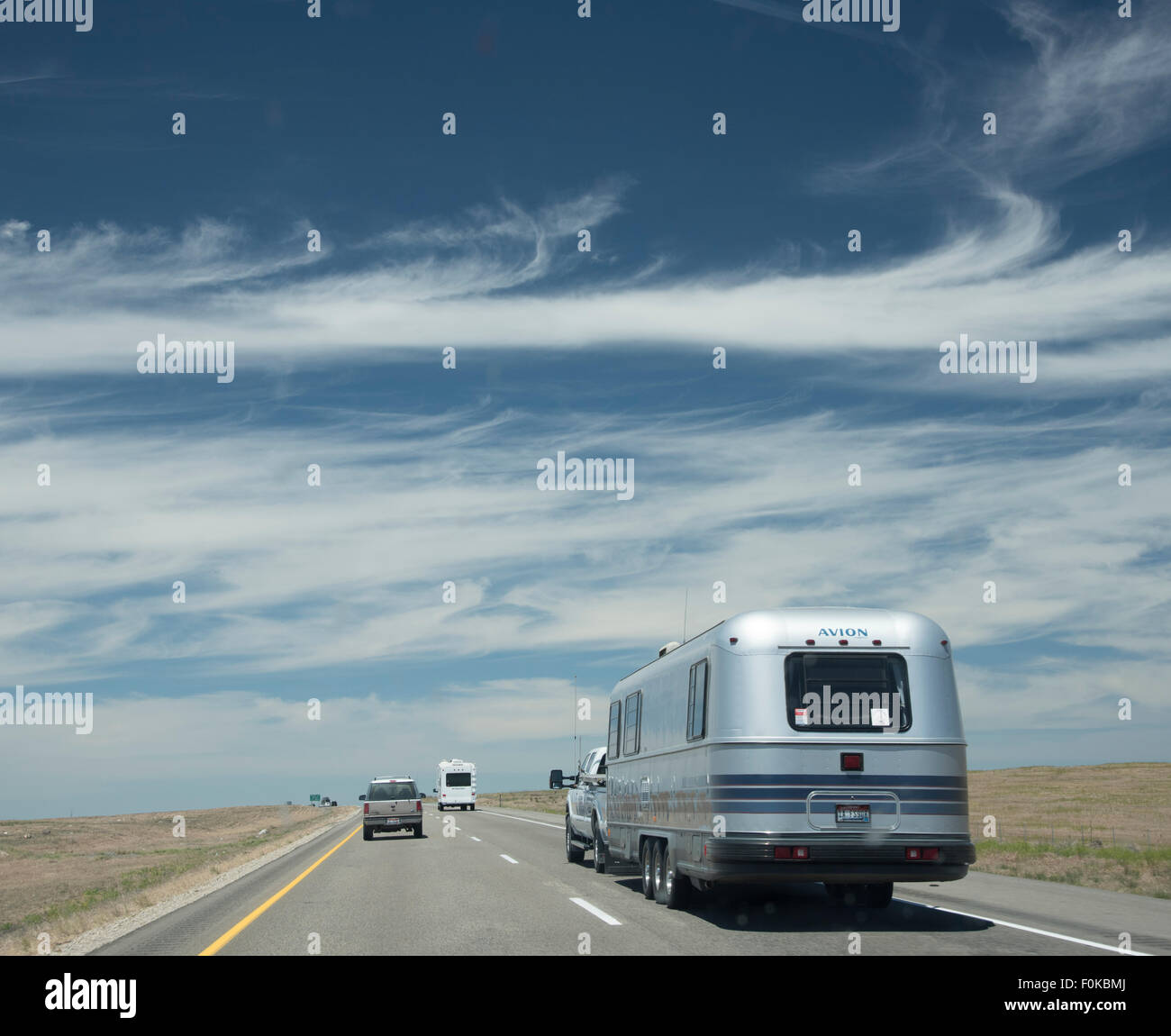 Transportation, Cars and Motorhome traveling on Interstate I-84 Highway near Boise, Idaho, USA Stock Photo