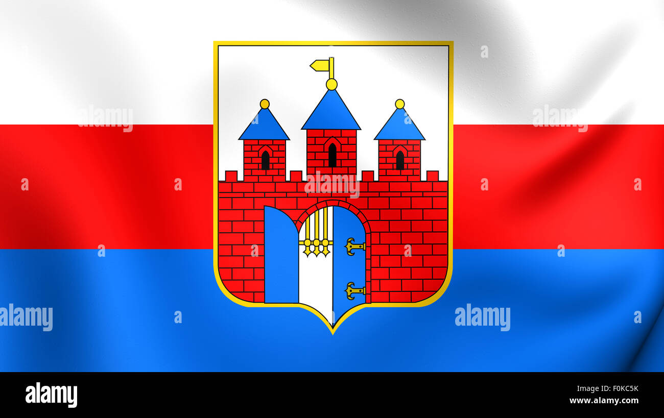 3D Flag of Bydgoszcz, Poland. Close Up. Stock Photo
