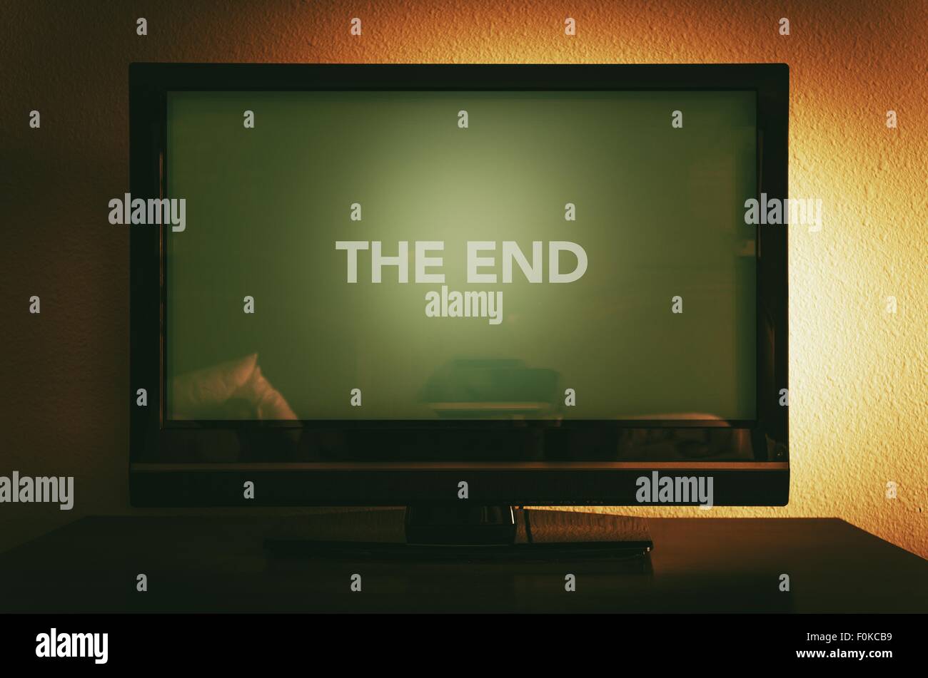 The End of Television Photo Concept. Flat Screen Television Displaying The End information. Stock Photo