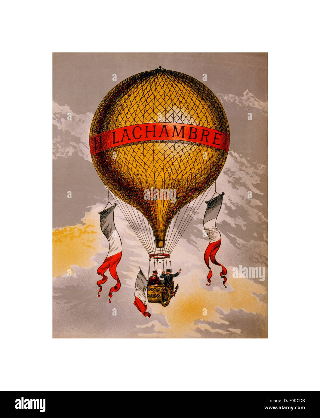VINTAGE HOT AIR BALLOON MANUFACTURER Henri Lachambre - Vintage French Hot Air Balloon Travel Trip Tour Poster 1890's Stock Photo