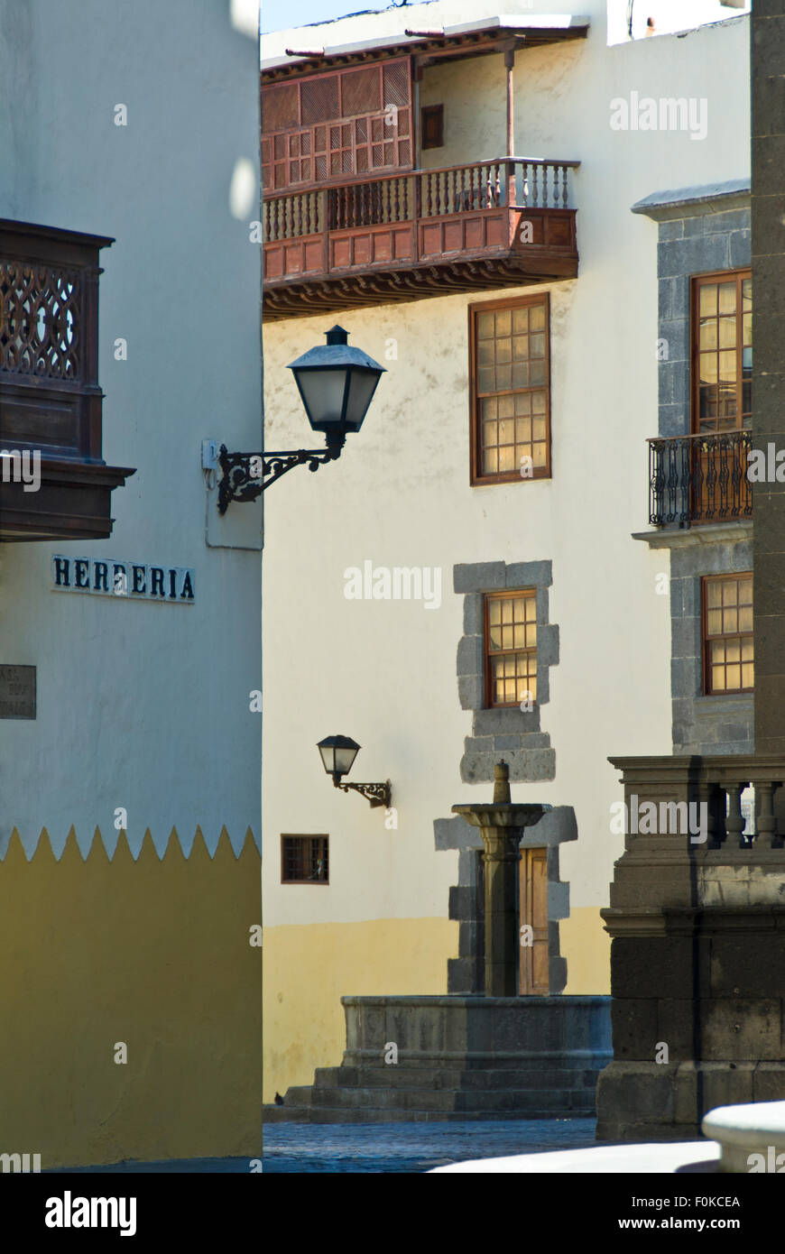 Old town Las Palmas street scene with typical balconies and Canary architecture Vegueta Las Palmas de Gran Canaria Spain Stock Photo