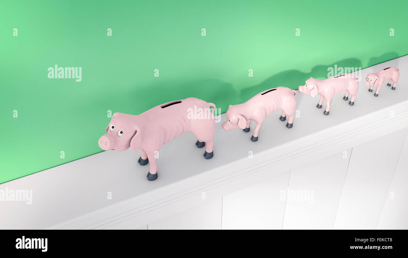 Row of thin piggy banks on a shelf Stock Photo - Alamy
