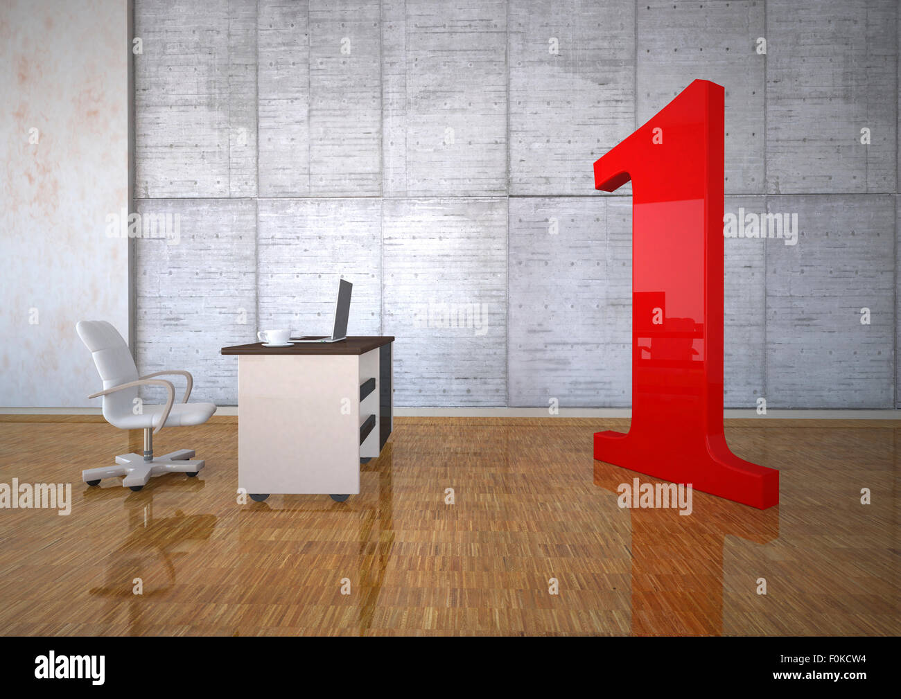 Business room with huge red number one, 3d illustration Stock Photo