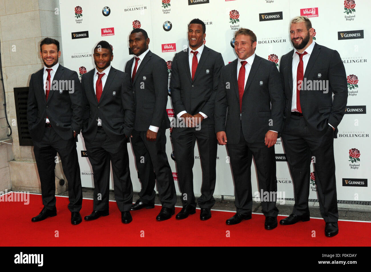 London,UK,5 August 2015,Danny Care Kyle Eastmond Semesa Rokoduguni Anthony Watson Tom Young Joe Marler attends performs at 'Carry Them Home' England Rugby Team dinner at Grosvenor Hotel before competing Webb Ellis cup on home turf. Stock Photo