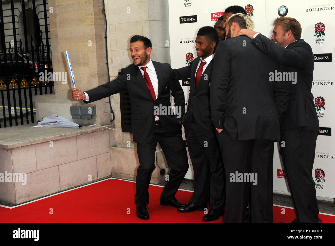 London,UK,5 August 2015,Danny Care Kyle Eastmond Semesa Rokoduguni Anthony Watson Tom Young Joe Marler attends performs at 'Carry Them Home' England Rugby Team dinner at Grosvenor Hotel before competing Webb Ellis cup on home turf. Stock Photo