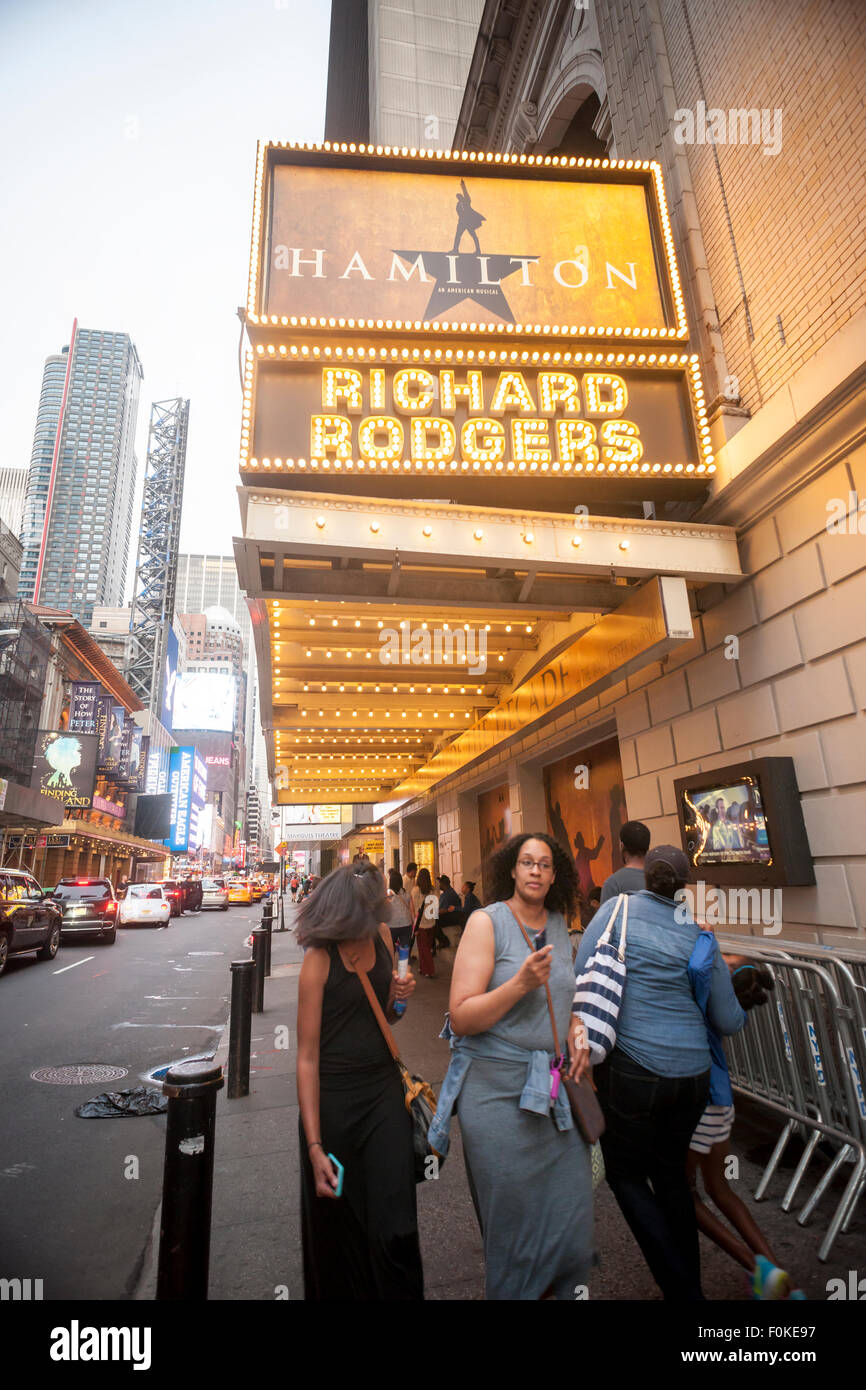 The marquee of the Richard Rodgers Theatre promotes the hip-hop musical 'Hamilton' on Tuesday, August 11, 2015. The musical by Lin-Manuel Miranda has consistently grossed over $1 million a week since it opened in July. Advance tickets sales stand at over $30 million. (© Richard B. Levine) Stock Photo