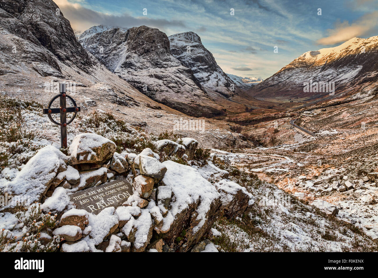 A cairn overlooking the three sisters mountain range in Glencoe/Glen Coe, Highlands, Scotland - Ralston, Mountains, Come Home Stock Photo