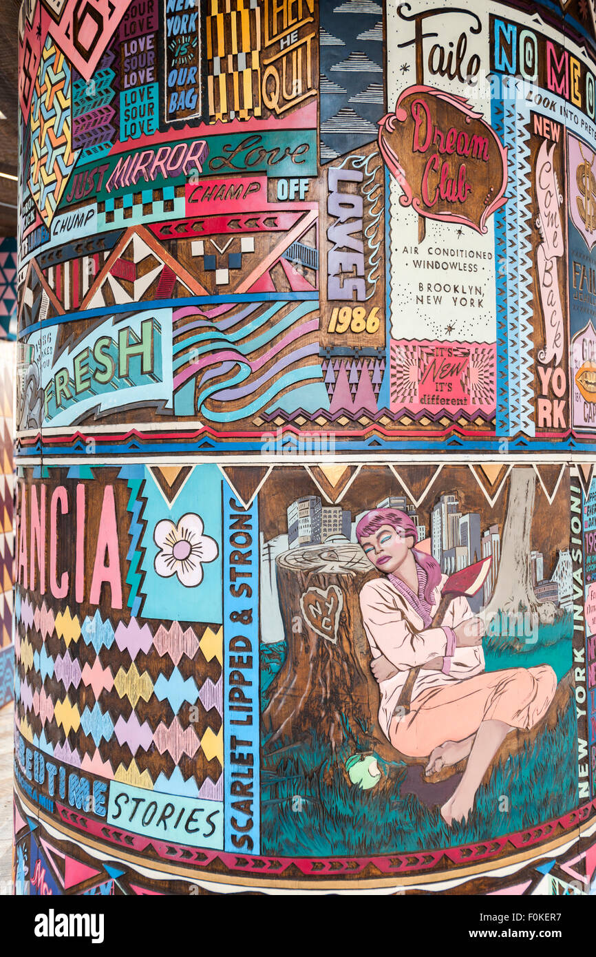 Detail of 'FAILE: Wishing on You' at its debut in Times Square in New York on Monday, August 17, 2015. The installation which reimagines Asian prayer wheels using designs inspired by Times Square history is by the artist collaboration FAILE, Patrick McNeil and Patrick Miller. The public sculpture will be on display until September 1 and runs concurrent with FAILE's exhibition at the Brooklyn Museum. (© Richard B. Levine) Stock Photo