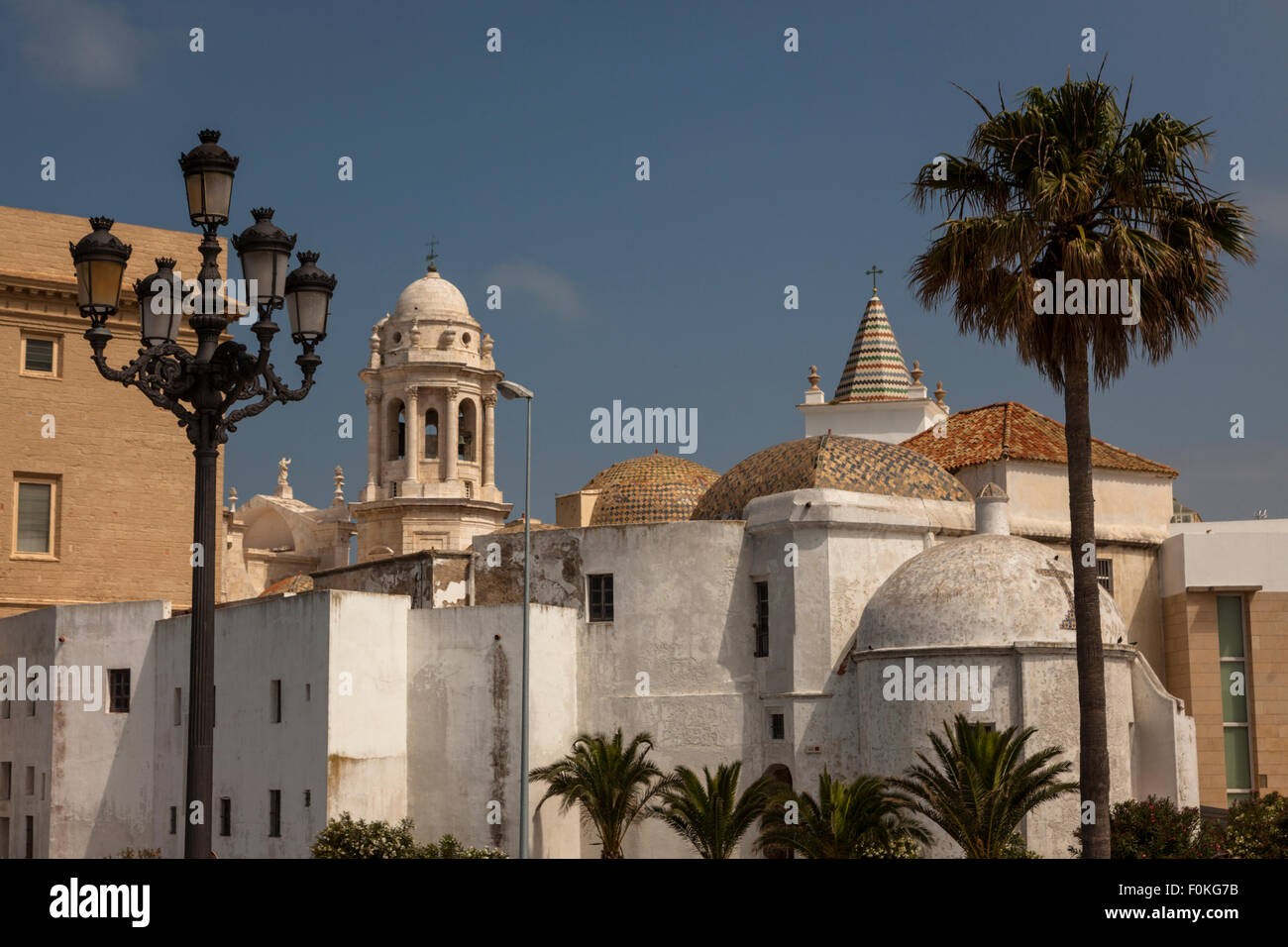 Spain, Cadiz, candelabrum, architecture and palm Stock Photo