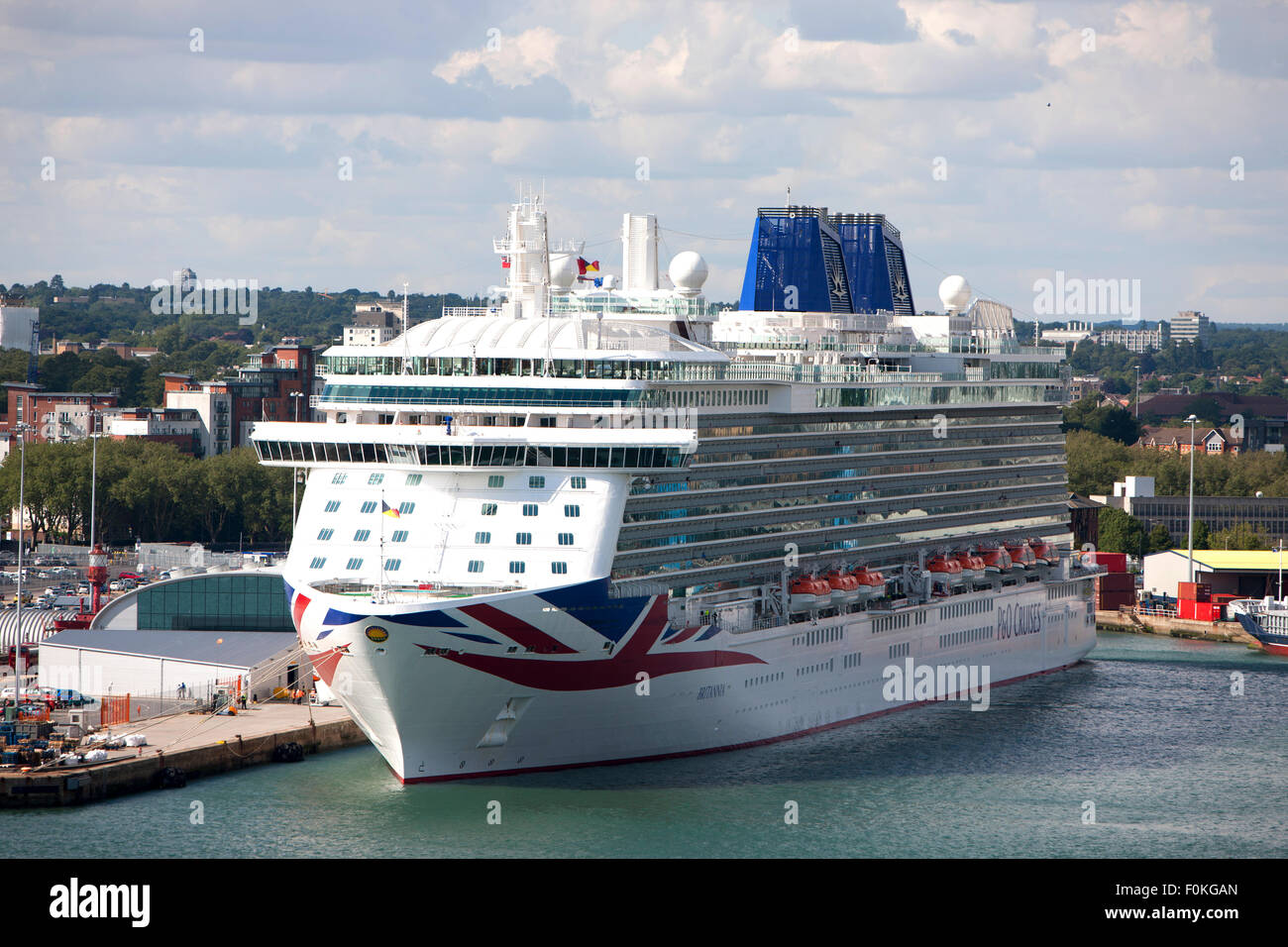 Mv Britannia Cruise Ship Of The P O Cruises Fleet Docked At Southampton Showing Large Union Flag On Her Bow Stock Photo Alamy