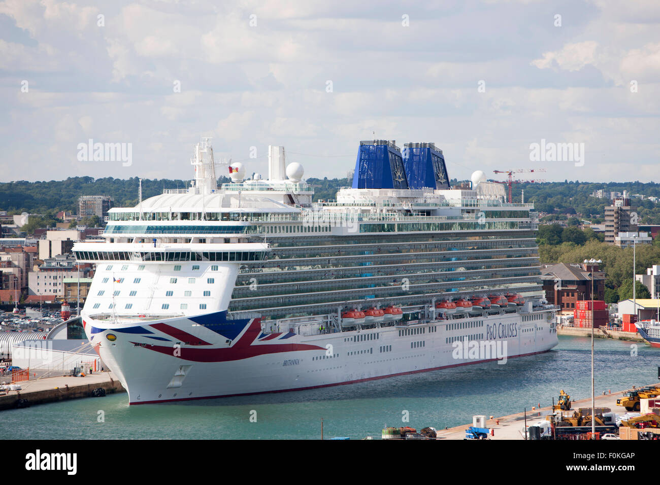 MV Britannia cruise ship of the P&O Cruises fleet docked at Southampton showing large Union Flag