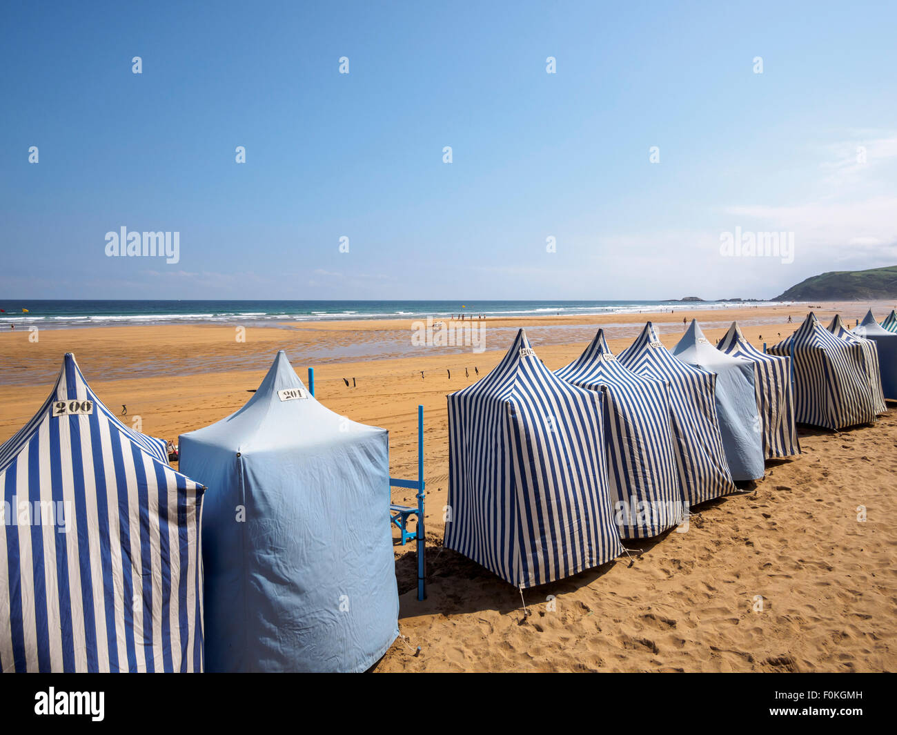 Spain, Zarauz, view to the beach with row of tents Stock Photo