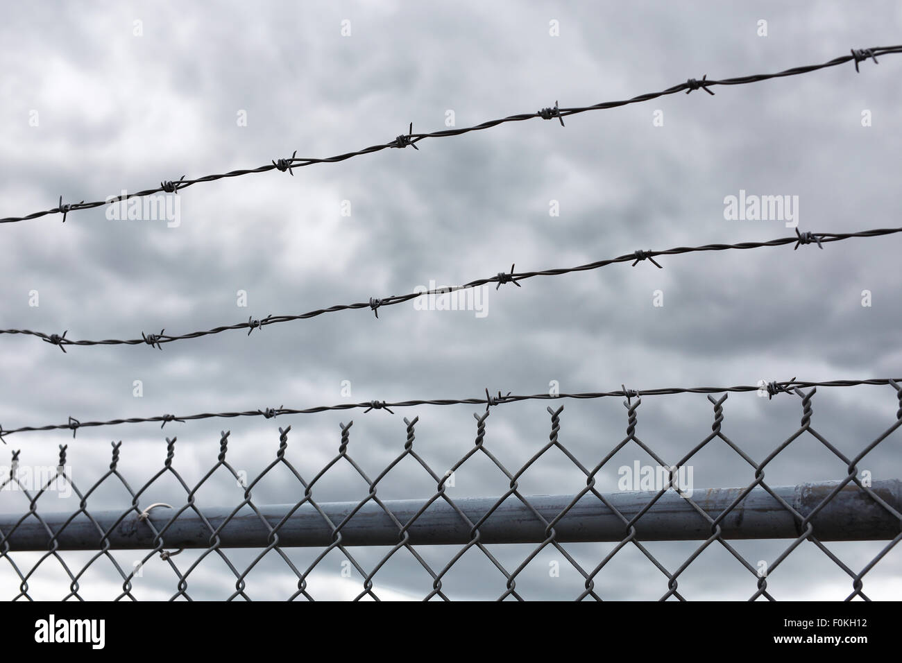 A view of the sky with dark clouds behind a barbed wire security fence ...