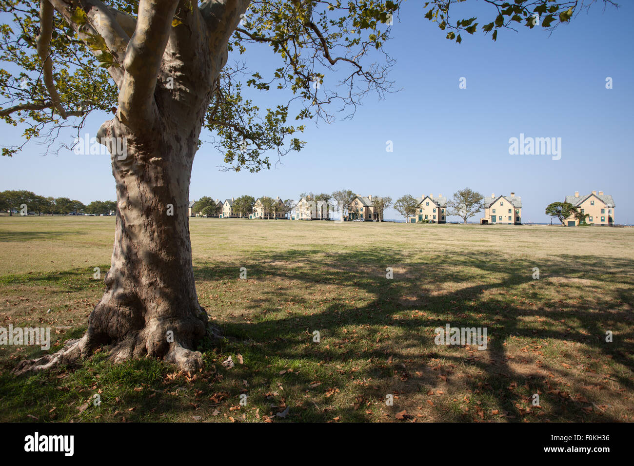 View of Officers' Row along Hartshorne Drive from the parade grounds bounded by Magruder, Hudson, Kessler and Pennington Roads Stock Photo