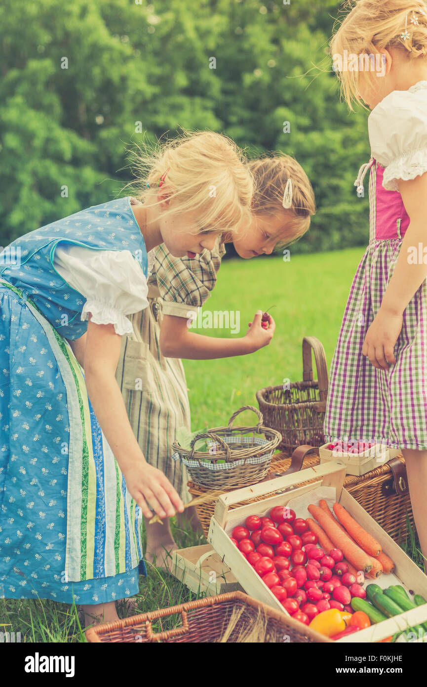 Germany, Saxony, three little girls in traditonal clothes with their harvest  on a meadow Stock Photo