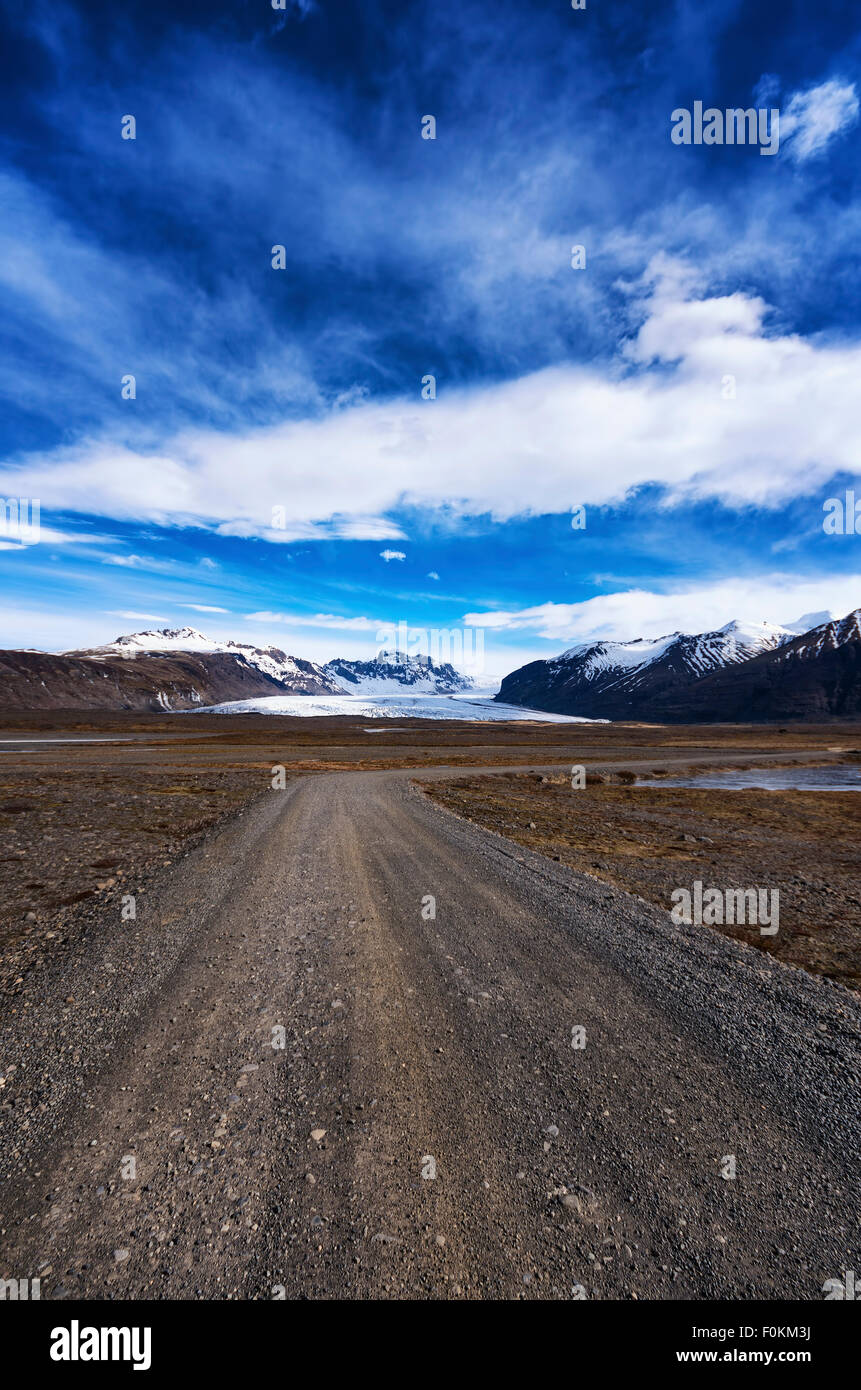 Iceland, Hafrafell, Metalled Highway, Glacier in the background Stock Photo