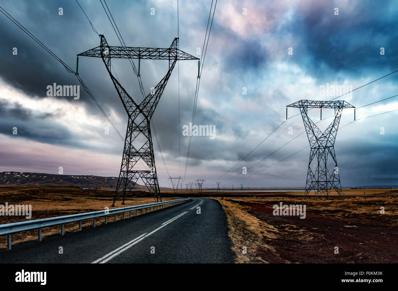 Iceland, Solheimar, Highway 354 and power poles Stock Photo