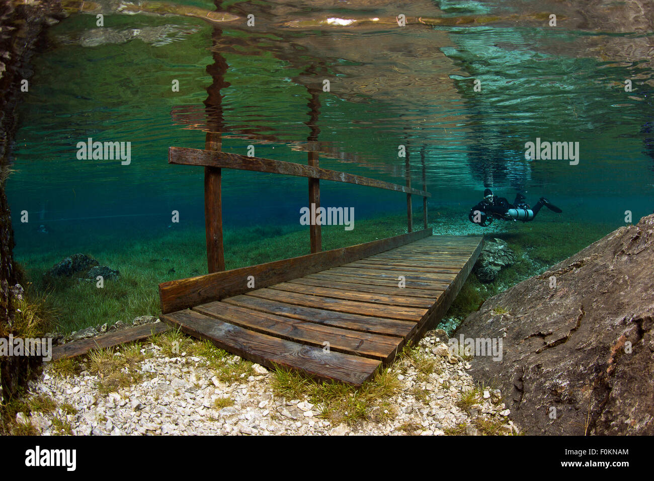 Austria, Styria, Tragoess, lake Gruener See, diver and flooded bridge Stock Photo