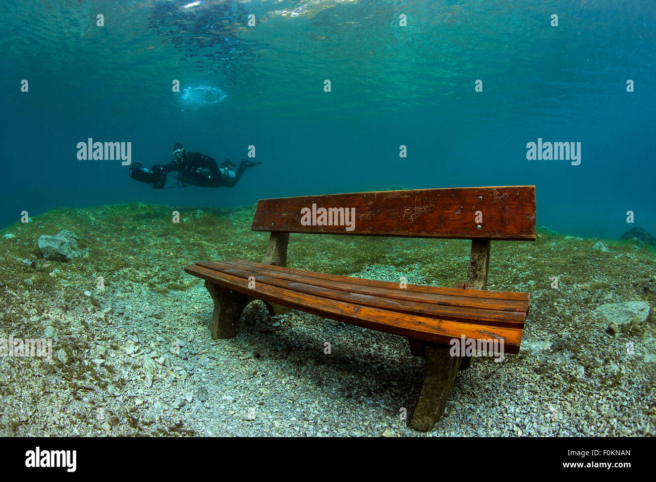 Austria, Styria, Tragoess, lake Gruener See, diver and flooded park bench Stock Photo