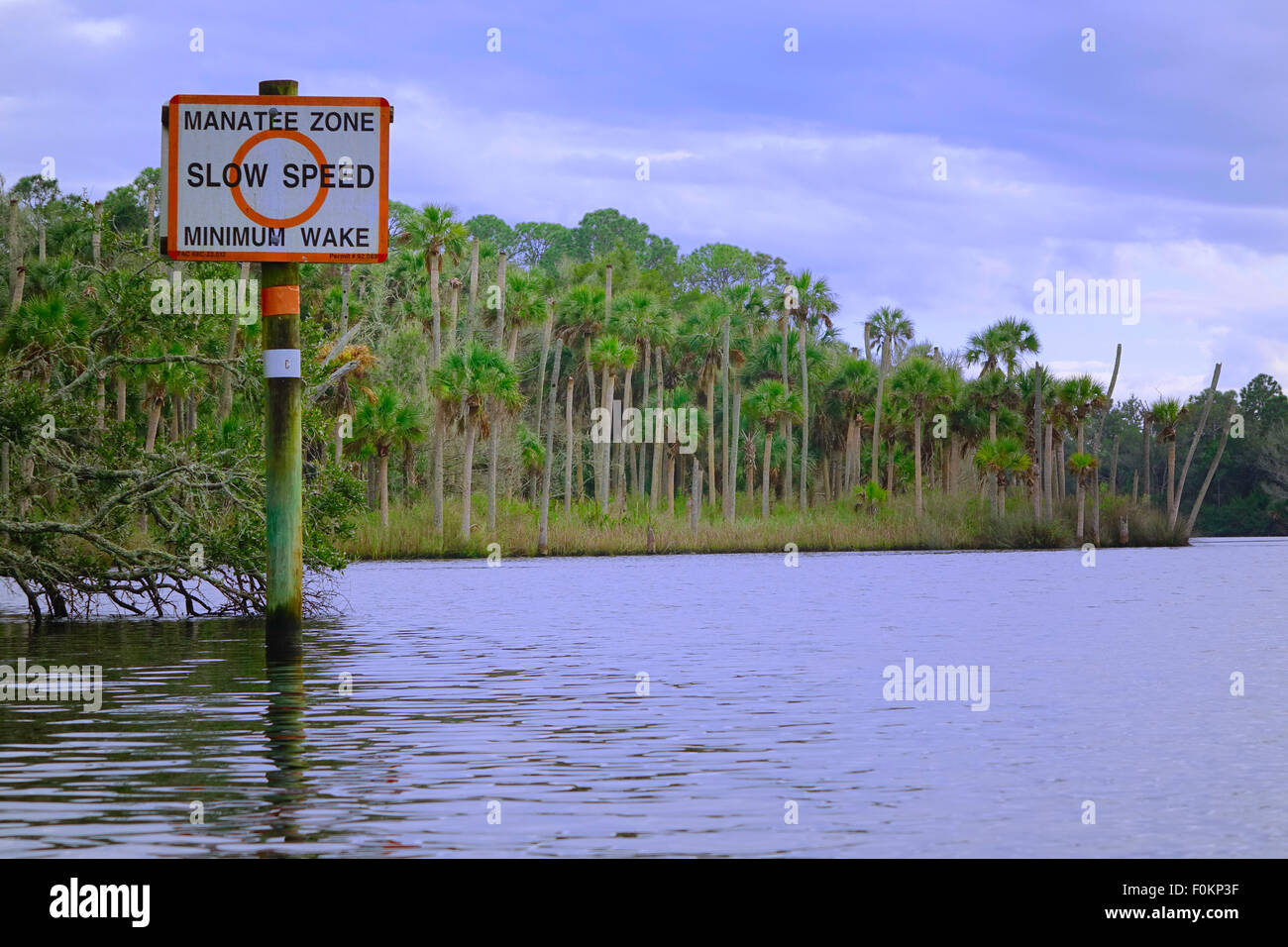 Manatee zone, slow speed, minimum wake sign on Strickland Creek, Ormond Beach, Florida Stock Photo