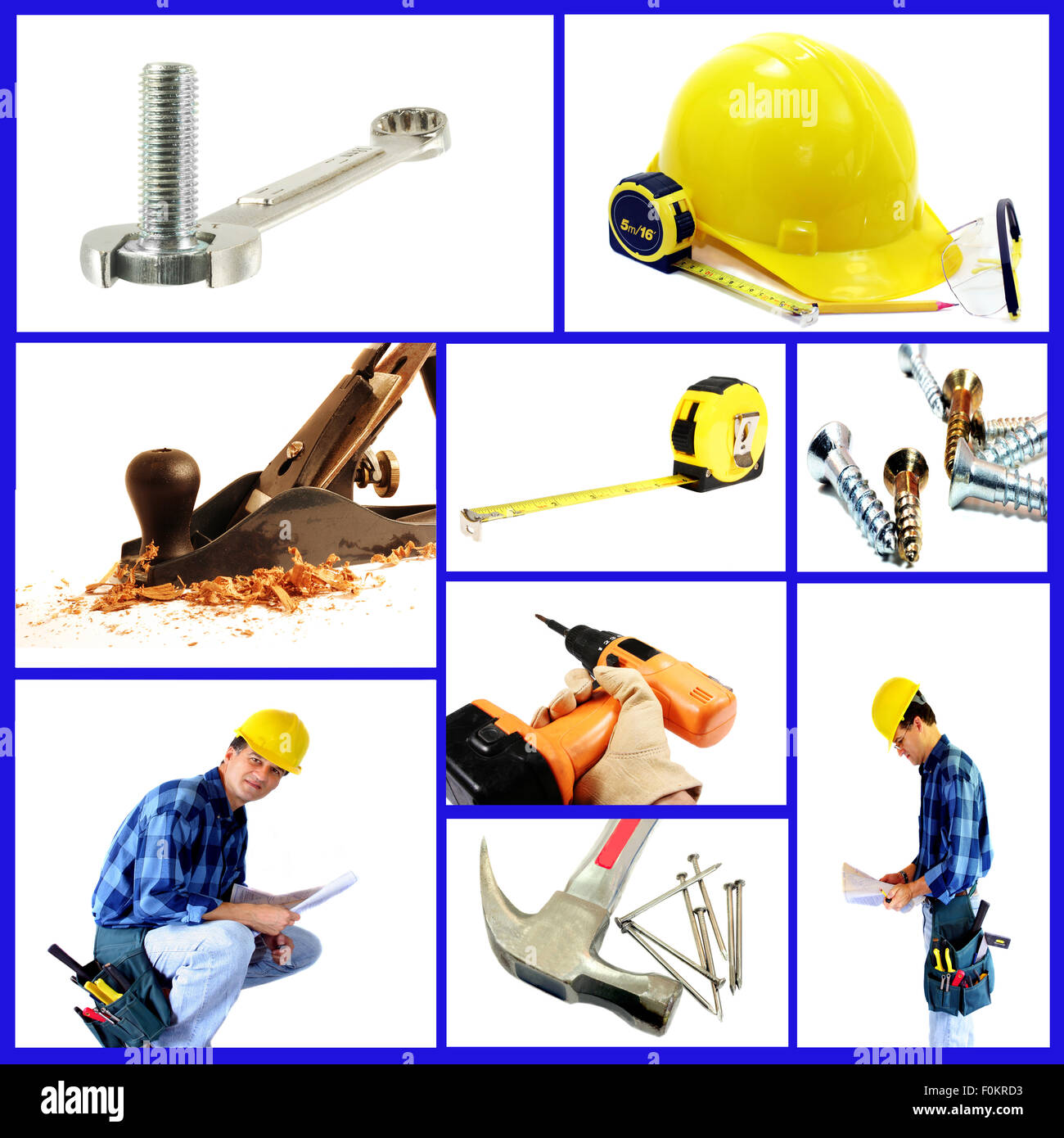 Image of tools and contractor put together in a collage depicting the construction industry Stock Photo