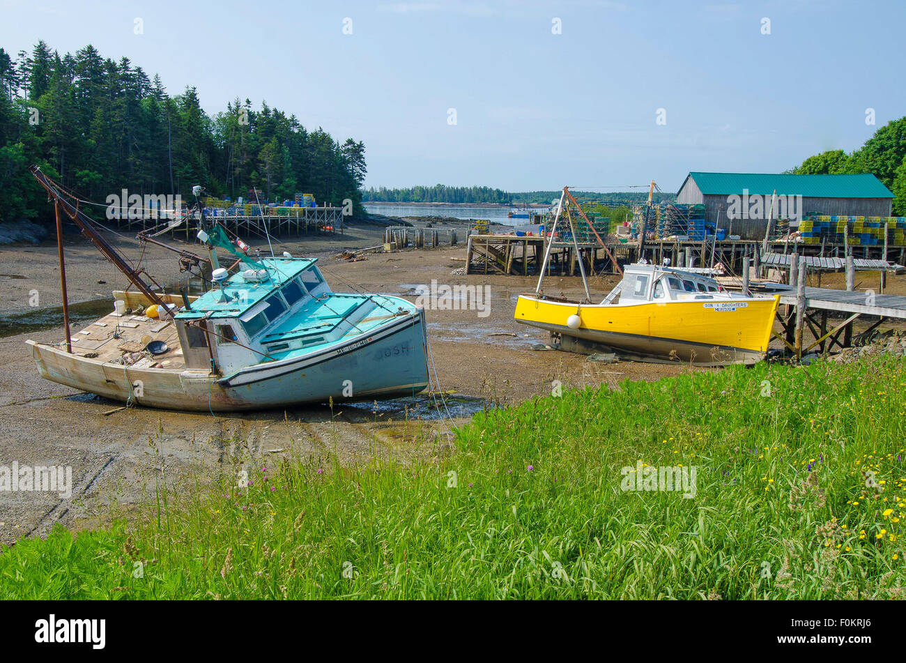 In this Maine harbor, lobster boats that are safely docked at high tide are stranded by low tide. Stock Photo