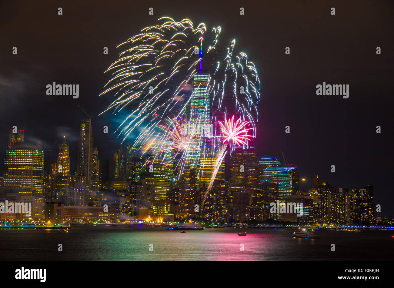 Fireworks are shot over Manhattan's skyscraper laden skyline in the