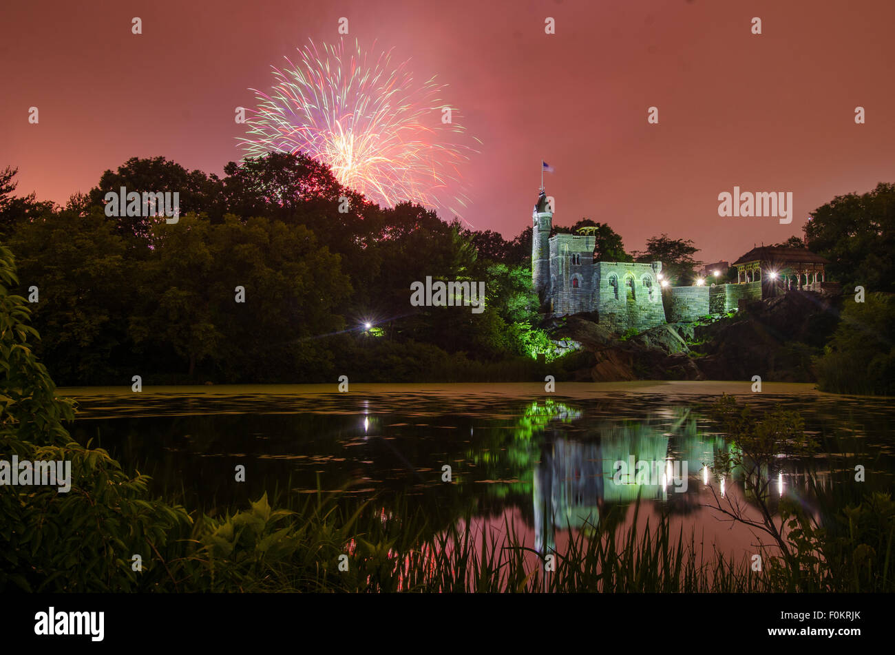 Fireworks explode over Belvedere Castle in Central Park in celebration