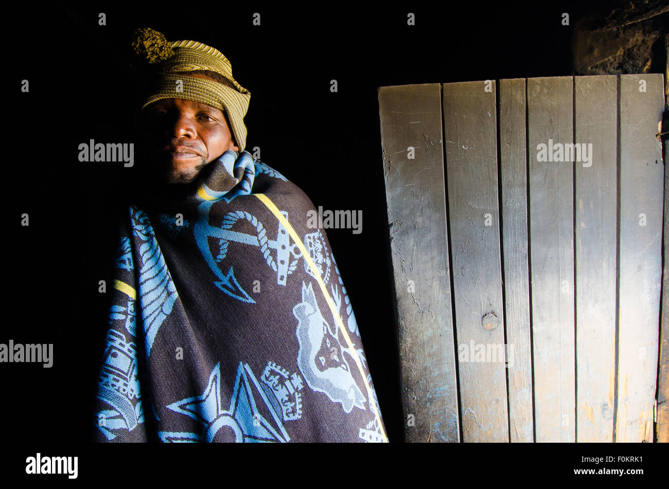 In the African Kingdom of Lesotho, the Basotho people wear traditional tribal blankets on special occasions. Stock Photo