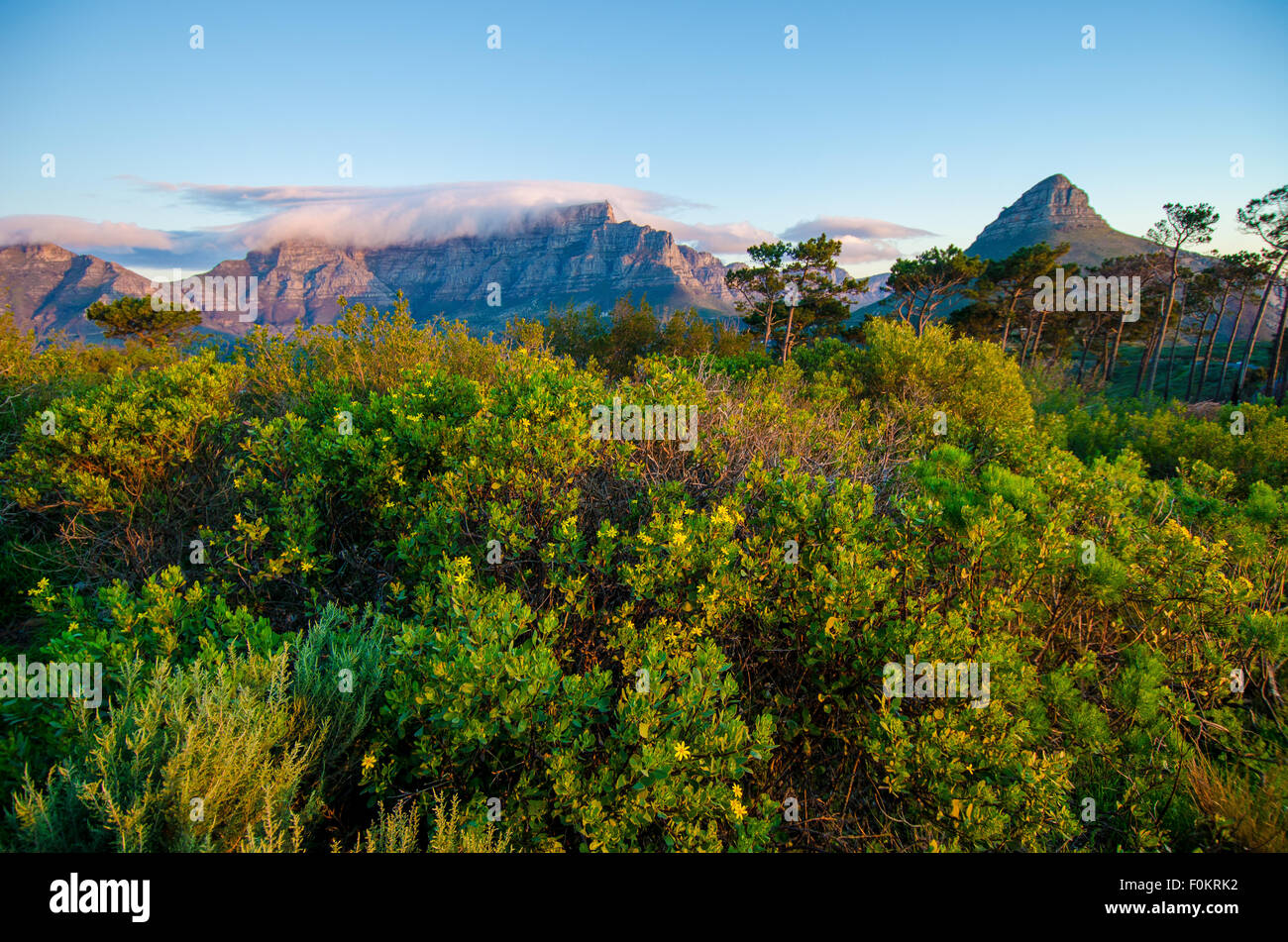 The sun sets over South Africa's Signal Hill, so named for the signal flags it used to warn visiting ships of weather trouble. Stock Photo