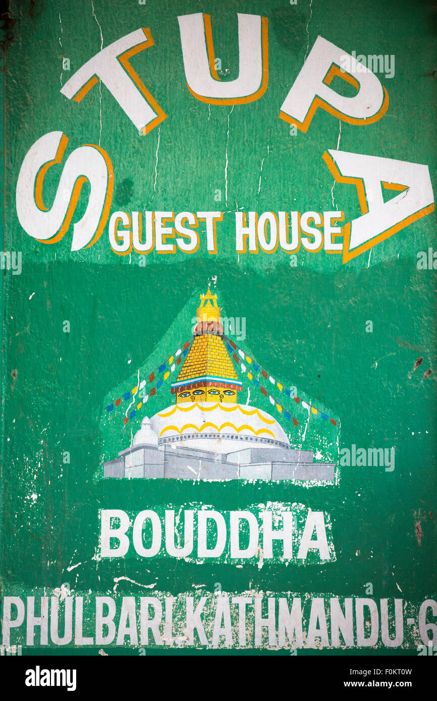 A green guest-house sign in Kathmandu, Nepal 2013. Stock Photo