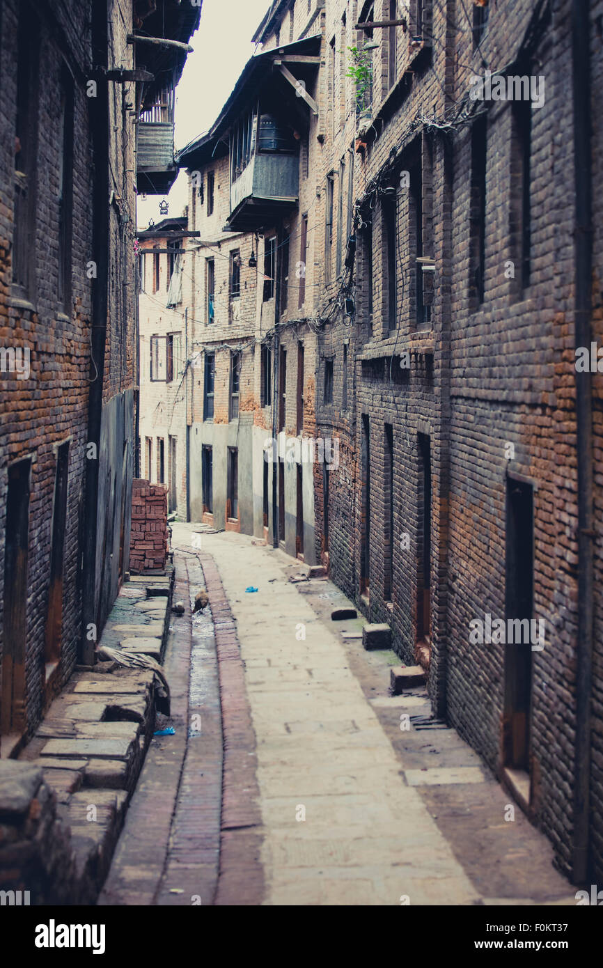 Old empty street of Bhaktapur, which is an ancient Newar town in the east corner of the Kathmandu Valley. Stock Photo