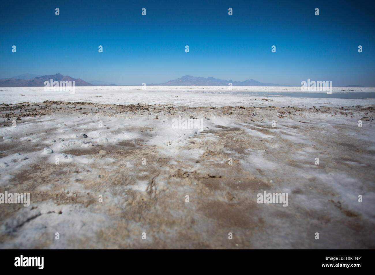 World famous Bonneville Salt Flats outside Salt Lake City Utah with mountains and blue skies. Detail of the salt on the ground Stock Photo