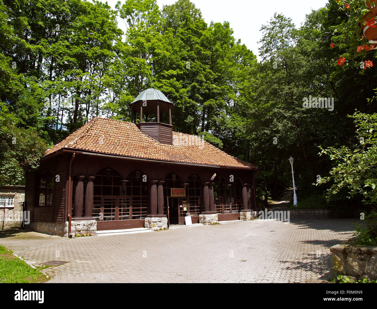 Wooden pump room in health resort Krynica-Zdroj, Poland Stock Photo