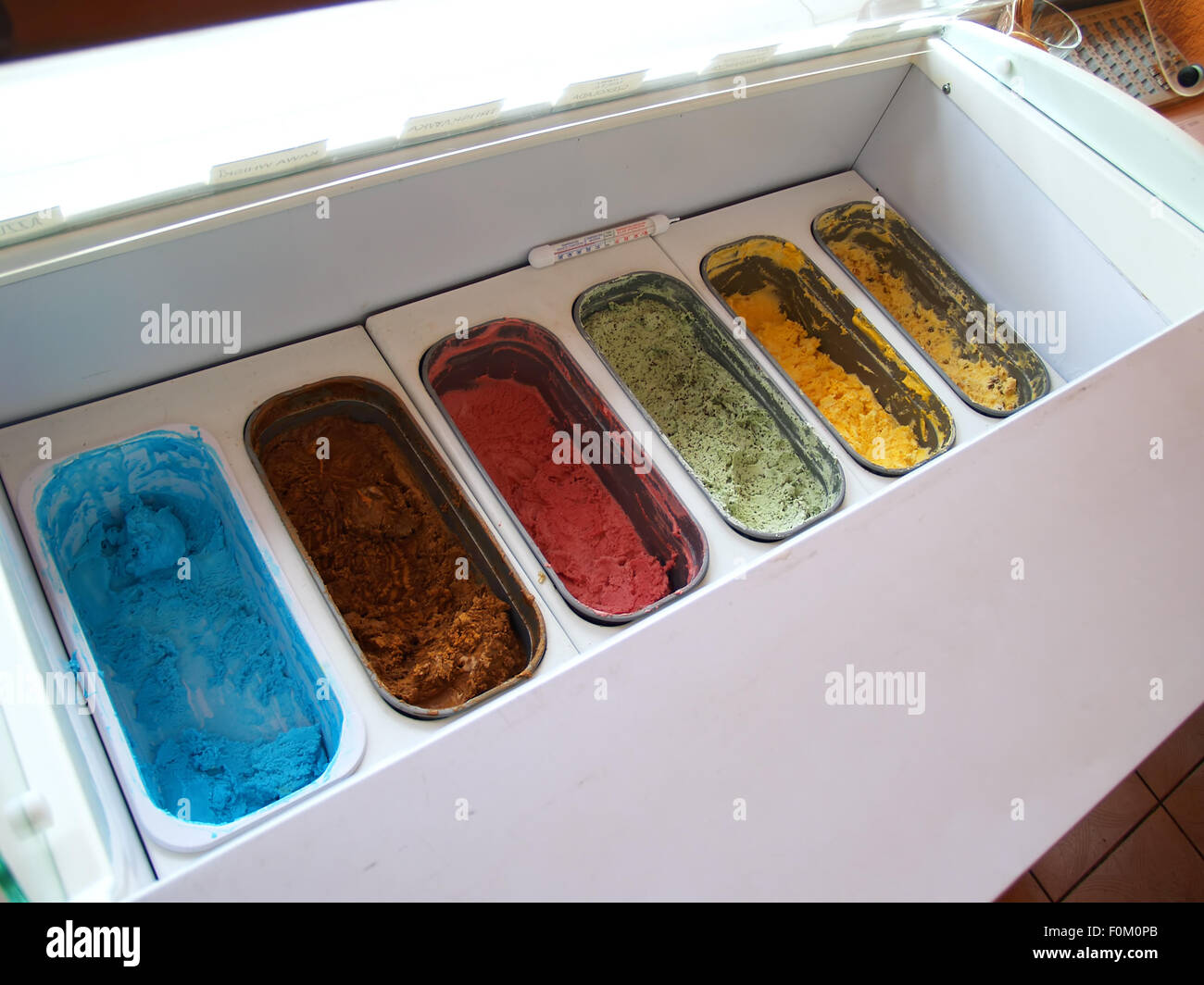 Ice cream display freezer, refrigerator. Stock Photo