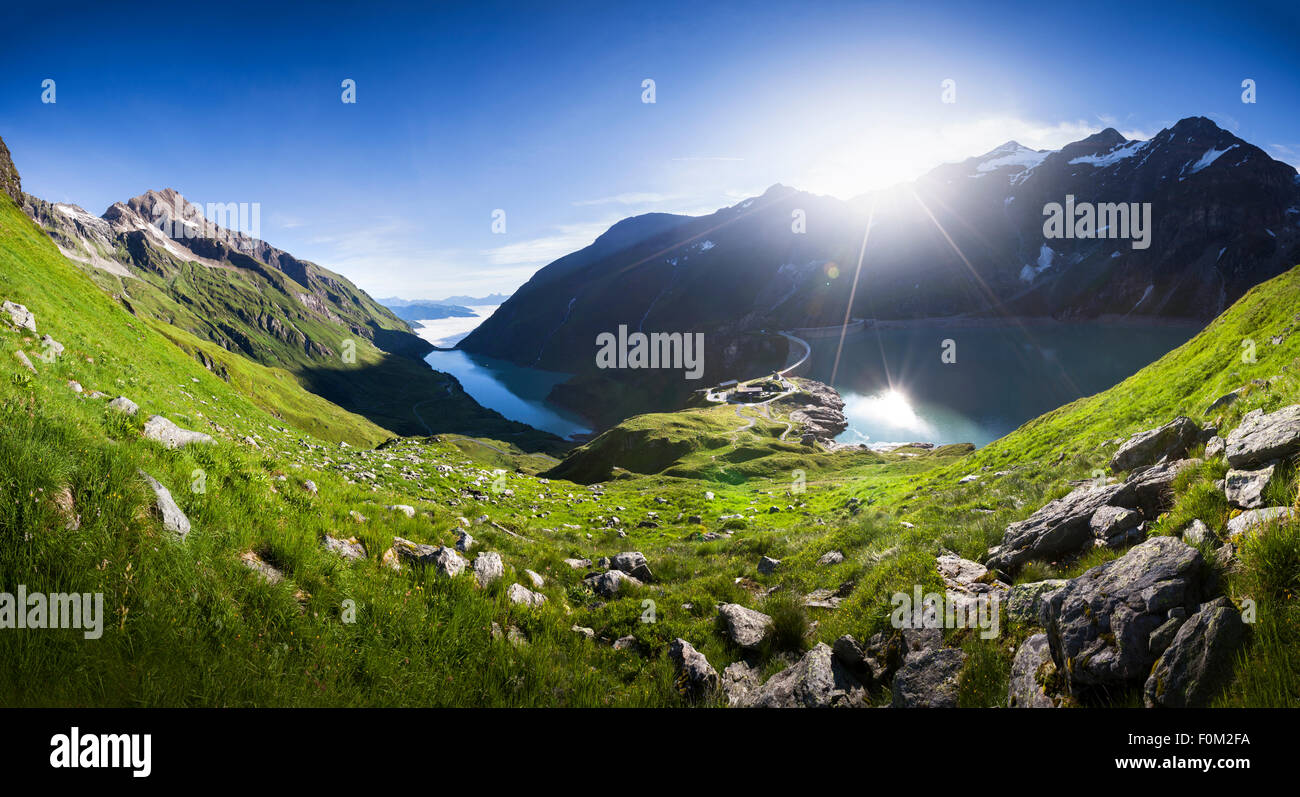 Mooserboden and Wasserfallboden reservoir with Mooser dam, Kaprun, Austria Stock Photo