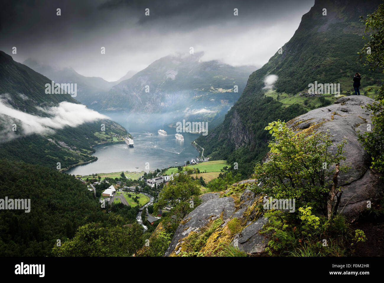 Views of Geiranger and the Geirangerfjord with cruise ships, Norway Stock Photo